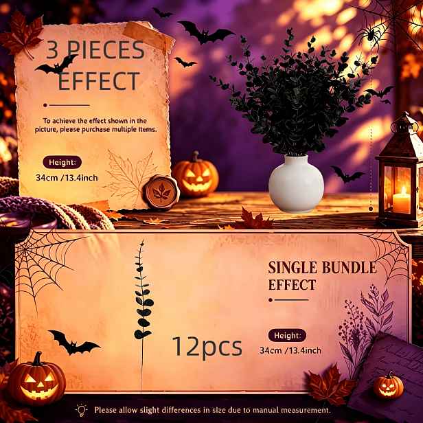 TEMU 12ks Černé Umělé Květiny Eukalyptu, Realistické a Krásné, Vhodné pro Svatby, Velikonoce, Den Díkůvzdání, Den Mrtvých, Halloween, Černá Svatba,