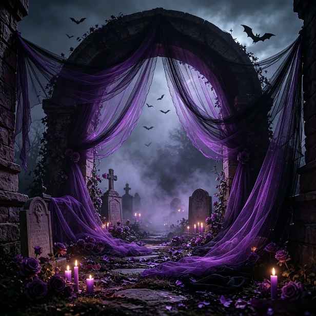 TEMU 4,0 m Černá a Tmavě Fialová Tylová Síť na Halloweenské Hororové Dekorace, Síťovina, Balení Rekvizit, Halloweenské Dekorace