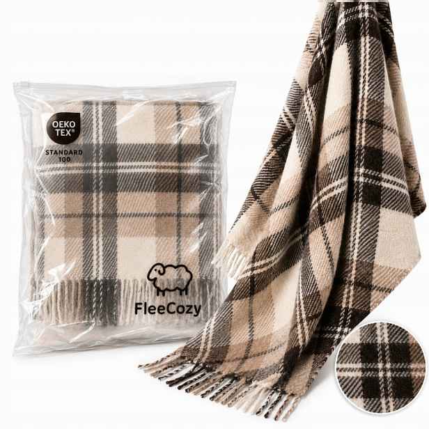 Deka 170x210 béžová, hnědá, kostkovaná z novozélandské vlny, 350 g/m² třásně