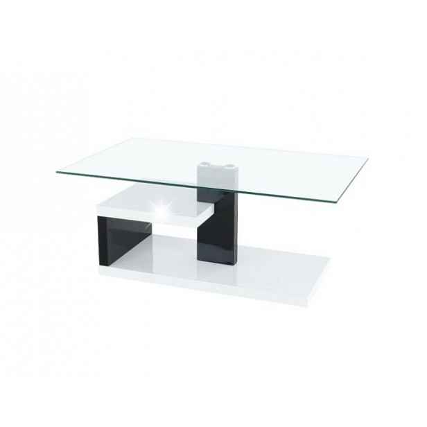 Konferenční stolek, MDF + čiré sklo, bílá / černá s extra vysokým leskem HG, LARS