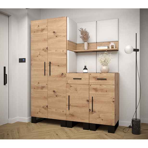 Předsíňová sestava RUMIE 7 - dub artisan, bílé panely z ekokůže