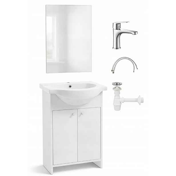 Koupelnová sada skříňka se zrcadlem s baterií a sifonem 85x65 cm, bílá
