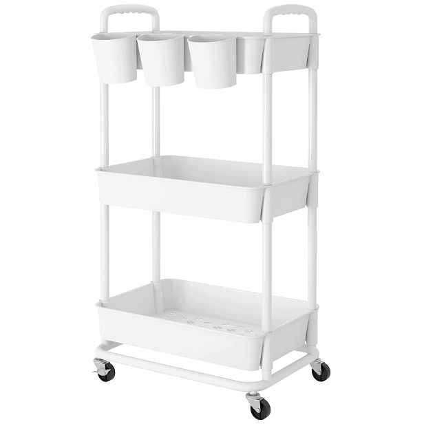 Kuchyňský vozík Jiuyotree 3-tier bílý s držadly a uzamykatelnými kolečky