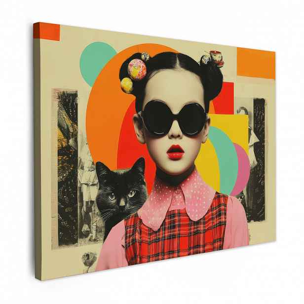 MuchoWow OBRAZ NA PLÁTNĚ Dívka - Sluneční brýle - Kočka - Retro 40x30 cm