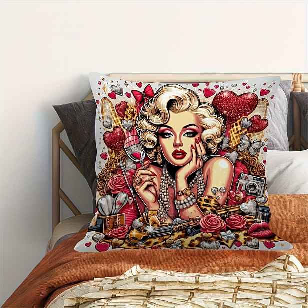 TEMU 1 ks Jednostranný potah na polštář s potiskem ve stylu Hollywoodského znamení, vintage, 18 x 18 palců, lze prát v pračce, krátký plyš, zapínání