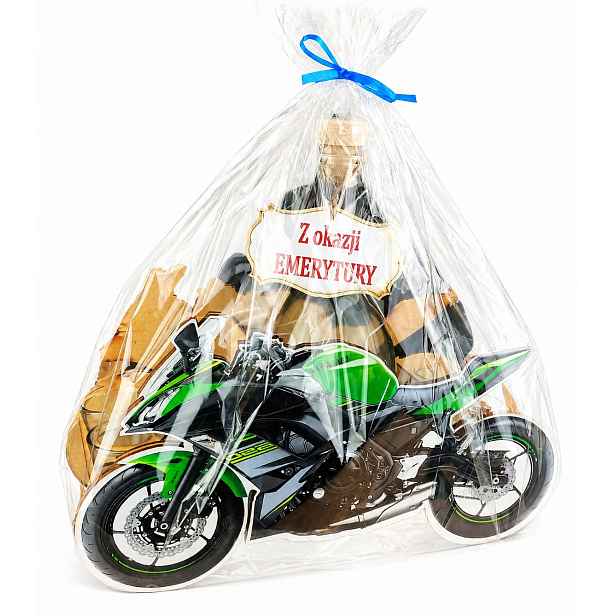 Dárek k příležitosti odchodu do důchodu pro důchodce Motocykl s karafou a skleničkami