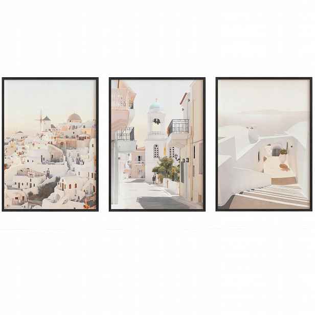 Obrazy Santorini Bílé Domy Plakáty Rámečky Dřevěné Černé 3ks 30x42 cm