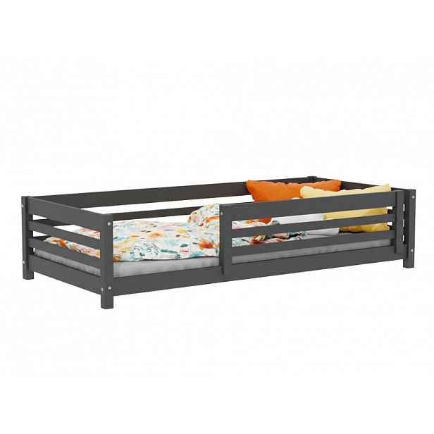 Benlemi Nízká dětská dřevěná postel TULY se zábranou Zvolte barvu: Tmavě šedá, Zvolte rozměr: 90x180 cm, Zvolte zábranu: S jednou zábranou