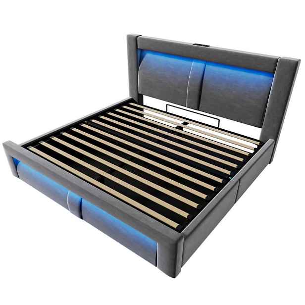 Modfu ČALOUNĚNÁ postel ze sametu 160x200 cm šedá s LED osvětlením, USB-C a hydraulickým úložným prostorem