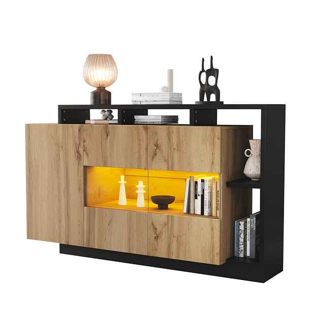 Modfu KOMODA z MDF 140x44x93,5 cm v dekoru dřeva s LED osvětlením, Bluetooth ovládáním a nastavitelnými policemi
