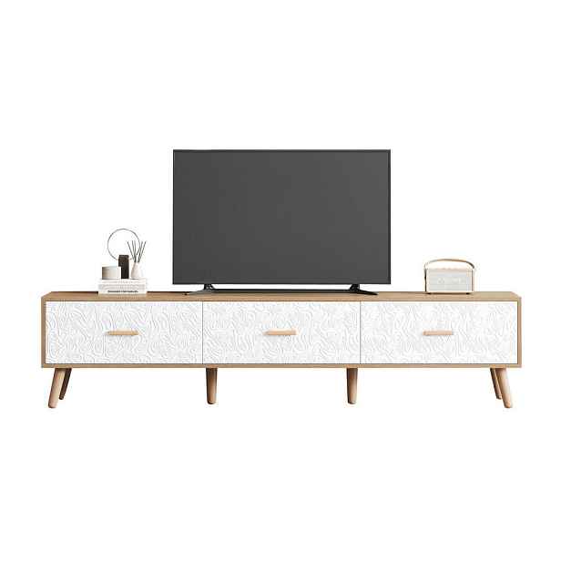 Modfu TV stolek z dřevotřísky 150x39x35 cm bílá/světlé dřevo se 3 zásuvkami a retro strukturovaným čelem