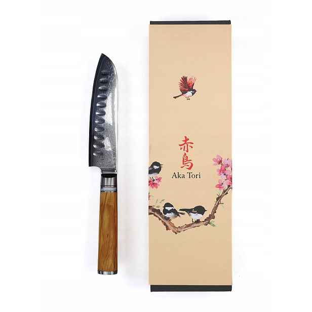 Japonský Nůž šéfa Santoku Aka Tori Ocel Damašková Kyoto Olive Ostrý 13 cm