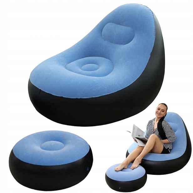 Nafukovací křeslo s podnožkou ergonomické plyšové, nosnost 80 kg, modrá barva