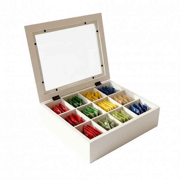 Relaxdays KRABIČKA Bílá na čaj 12 přihrádek bambus