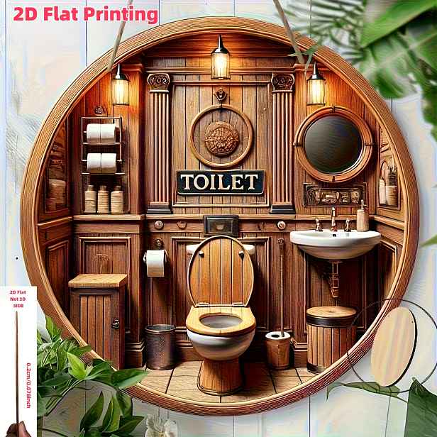 TEMU 2D plochý tisk, retro dřevěná cedule na toaletu - kulatá dekorace na zeď do koupelny ve venkovském stylu, doplňky do koupelny, klasický design,