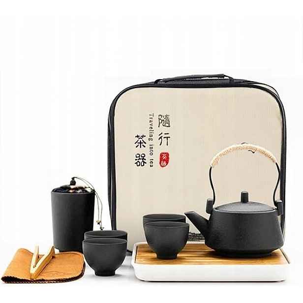Keramický Set Na Čaj Čínský Kung Fu Konvice Černý Bambusový Podnos