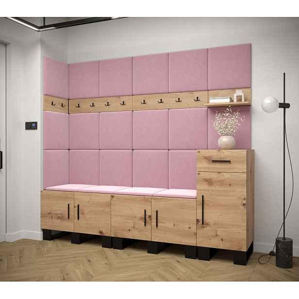 Předsíňová sestava RUMIE 9 - dub artisan, růžové panely