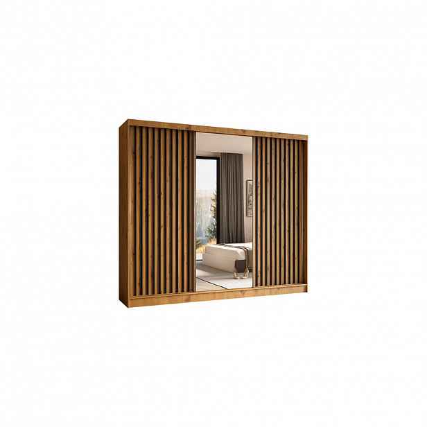 ALTDECOR ŠATNÍ SKŘÍŇ s zrcadlovými posuvnými dveřmi a hliníkovými lamelami – LAMELO – 240 cm Artisan+Artisan+černá