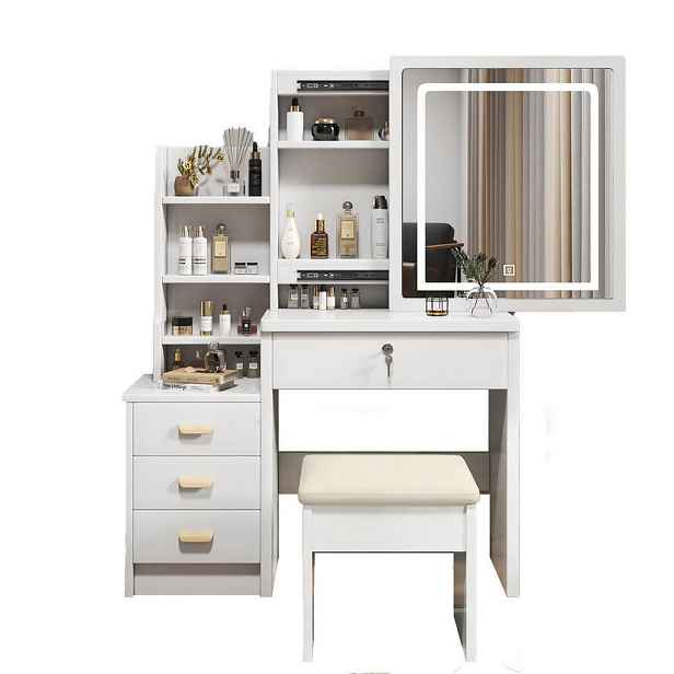 Modfu TOALETNÍ stolek z MDF 85x130x36 cm bílý s LED zrcadlem, 3 režimy osvětlení, úložným prostorem a taburetem