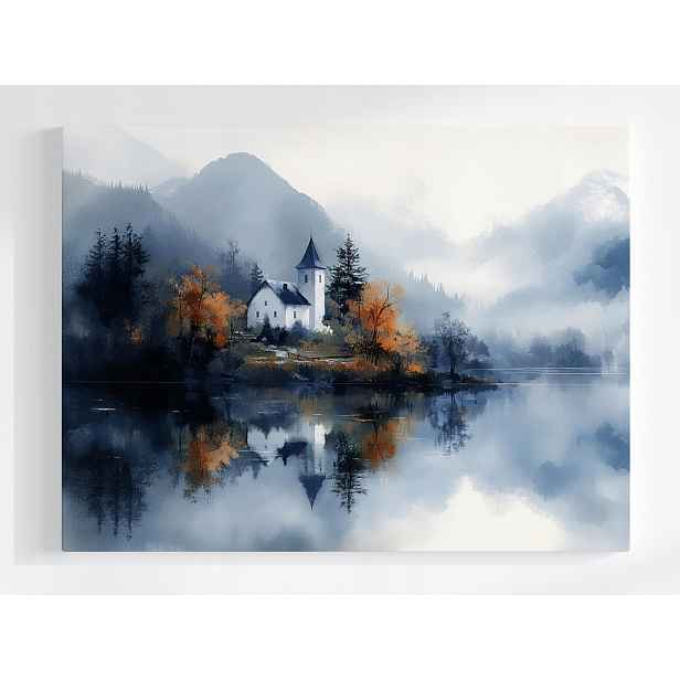 Plakát Krajina Hory Jezero Kostel Podzim Les Mlha 100x75