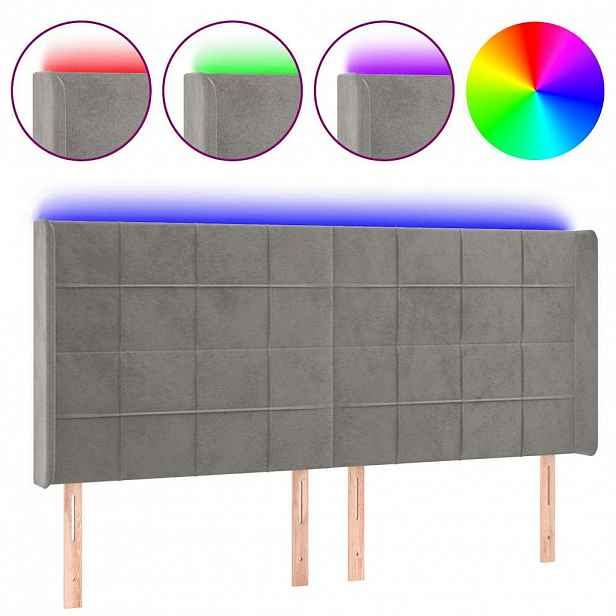 vidaXL Čelo postele s LED světle šedé 163 x 16 x 118/128 cm samet