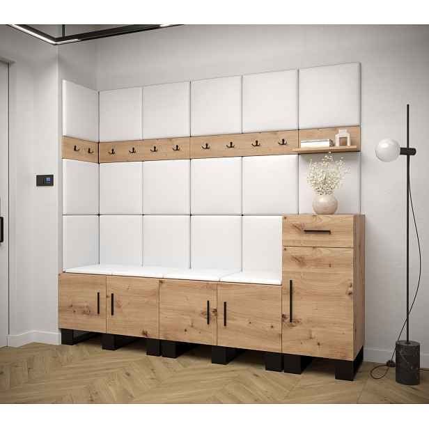 Předsíňová sestava RUMIE 9 - dub artisan, bílé panely z ekokůže