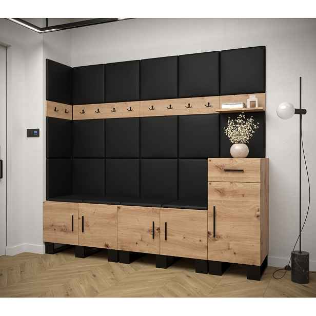 Předsíňová sestava RUMIE 9 - dub artisan, černé panely z ekokůže