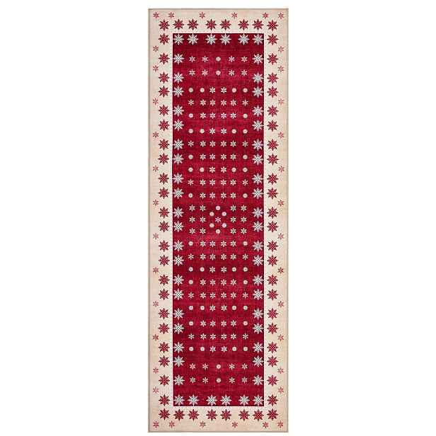 Koberec Běhoun Vánoční 60X230 CM Červený Sněhové Vločky Protiskluzový