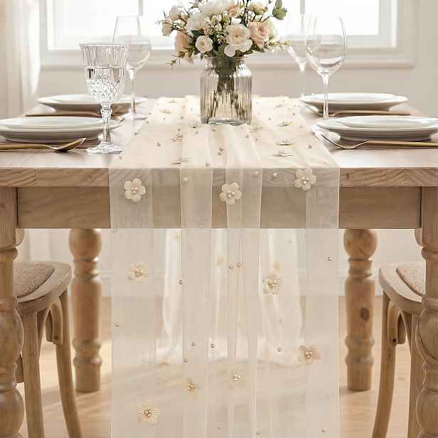 TEMU Květinový perlový šampaňský tylový ubrus 10 stop, sezónní průsvitná dekorace na stůl pro svátky, svatby, narozeniny, bridal shower a domácí