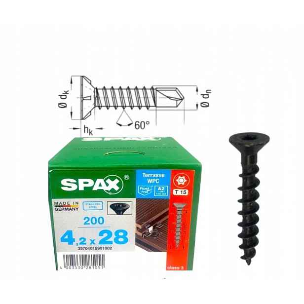 Terasové šrouby Alu 4,2 x 28 A2 Tx 200 ks Torx Spax pro kompozitní desku