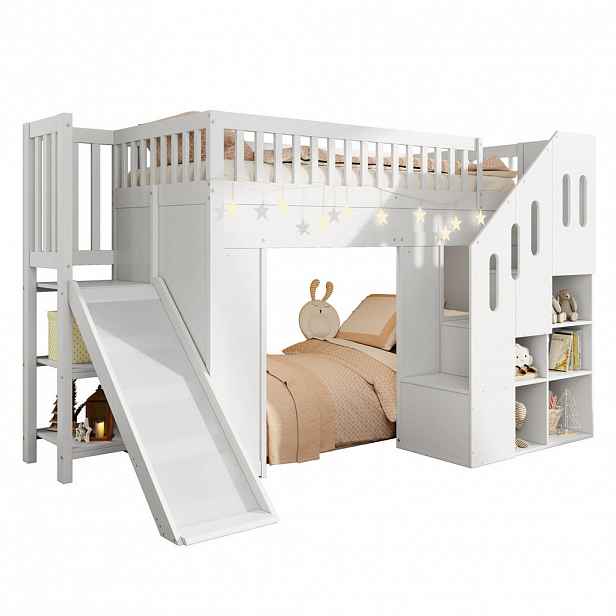 STILVORA HOCHBETT 90/200 cm in Weiß Kinderbett mit Rutsche, Stauraumtreppe und LED