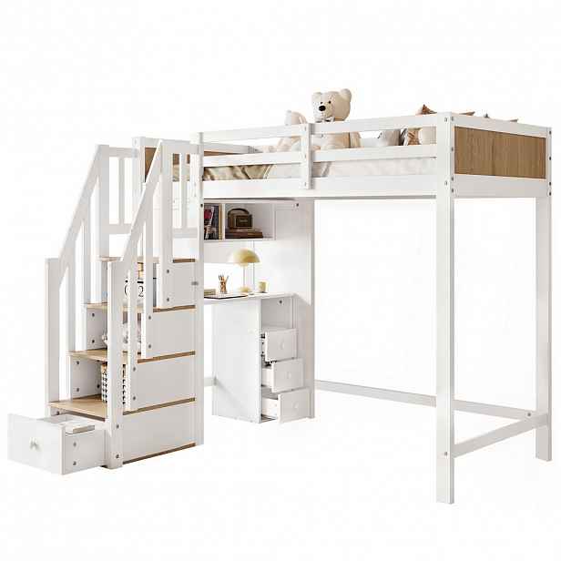 STILVORA ETAGENBETT 90/200 cm in Weiß & Natur Kinderbett mit Schreibtisch, 3 Schubladen und Stauraumtreppe