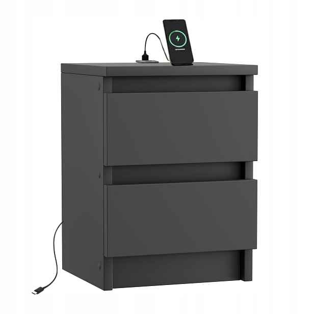 Noční Stolek Černý 30 CM S Portem Usb/usb C, Dvě Zásuvky, Noční Stolek Matný