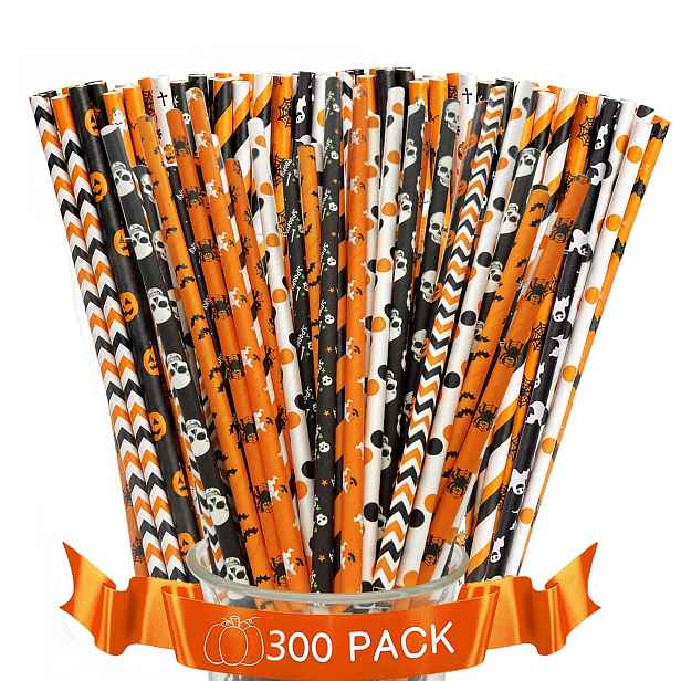 Papírové Halloweenské Brčka 300 Ks Oranžové Vzory Na Nápoje