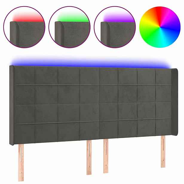 vidaXL Čelo postele s LED tmavě šedé 203 x 16 x 118/128 cm samet