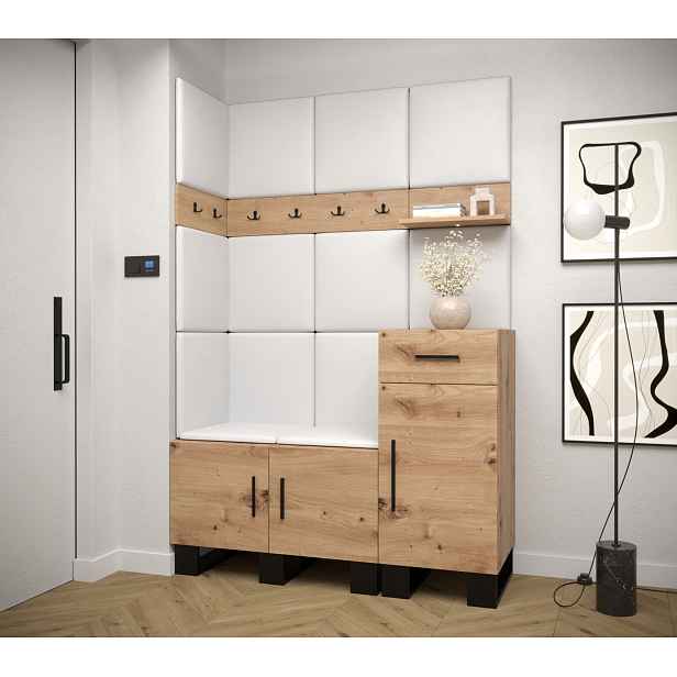 Předsíňová sestava RUMIE 10 - dub artisan, bílé panely z ekokůže