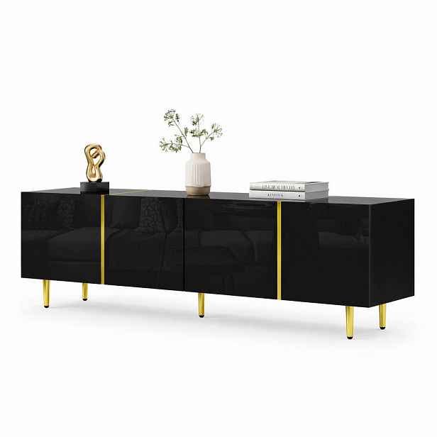 STILVORA TV STOLEK černo-zlatý ve vysokém lesku se 4 dvířky, do obývacího pokoje, 170×35×46 cm