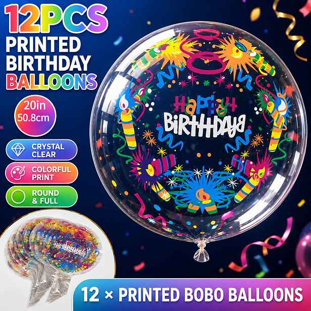 TEMU 12 ks balónků Happy Birthday Bobo, 20palcové barevné transparentní bublinkové balónky s potiskem, velké kulaté plnitelné na helium narozeninové