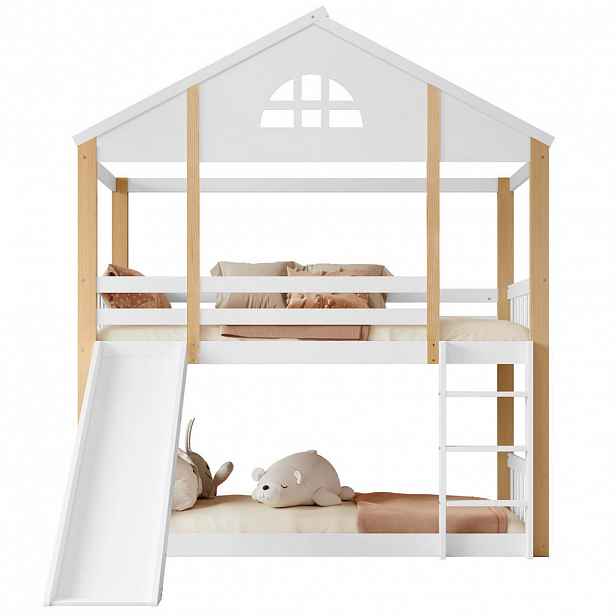 STILVORA ETAGENBETT 90/200 cm in Weiß & Natur Kinderbett mit Rutsche und Treppe aus Massivholz