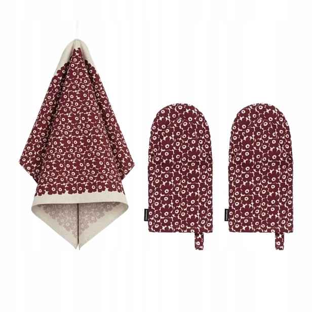 Sada kuchyňských textilií Marimekko rukavice ručník vínové bavlna len