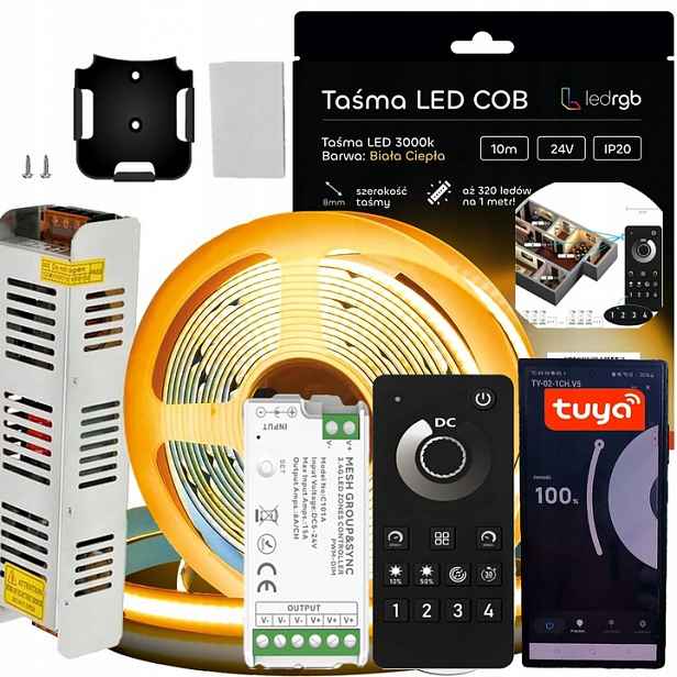 Sada Led pásků Cob 24V 10 m Bílá C. 3000K Napájecí Zdroj Tuya Wifi 100W