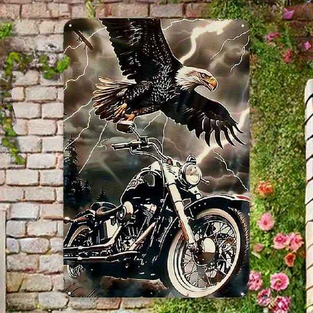 TEMU [JIT] 1 ks Kovová cedule s orlem a motocyklem, nástěnná dekorativní plaketa, používá se do ložnice, koupelny, vstupu, galerie, bez potřeby