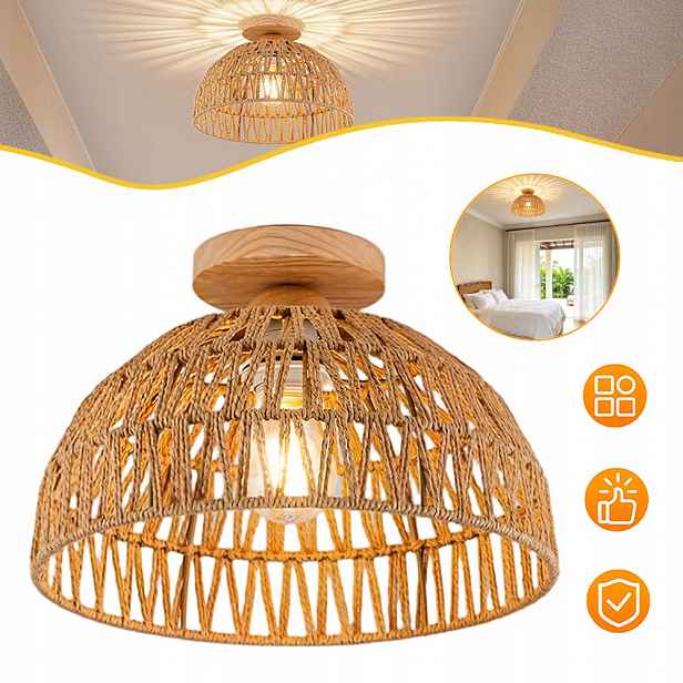 Stropní Svítidlo do obývacího pokoje, E27 Stropní Svítidlo v retro stylu, Ratanová lampa