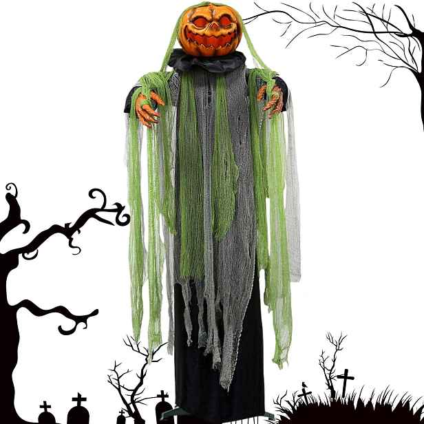 Animovaná dekorace na Halloween – Strašidelná dýně s pohyblivou hlavou, zvukem a světlem