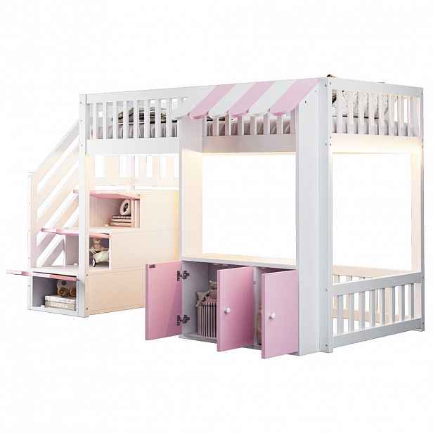 STILVORA HOCHBETT 90/200 cm in Weiß & Rosa mit Stauraumtreppe, LED und Stauraum
