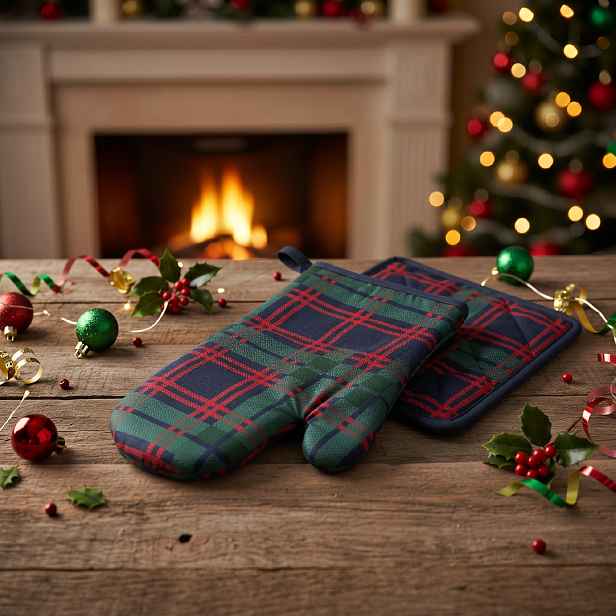 Vánoční kuchyňská rukavice a chňapka CHRISTMASSY zelená/modrá – 2 ks