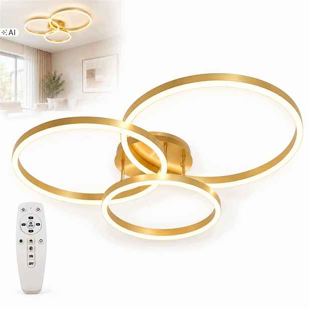 Závěsná Lampa 3 Led Kroužky, Zlatá, Stropní, 120 W, S Dálkovým Ovládáním, 82 CM