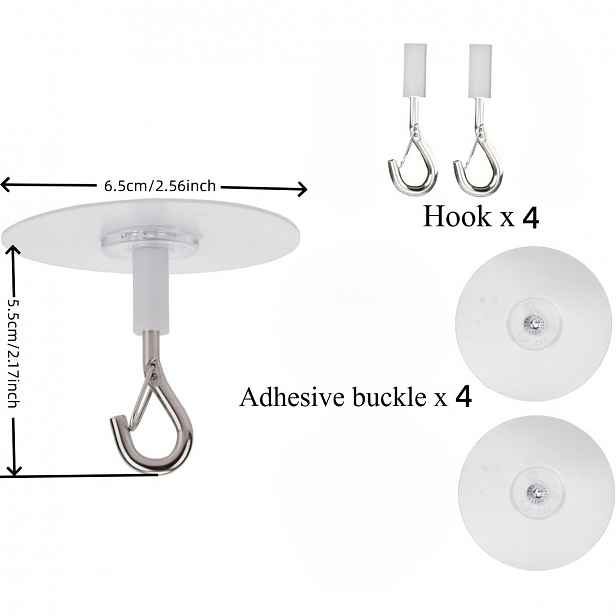 TEMU Balení 8 kusů silných samolepicích háčků na strop (obsahuje 4 lepicí upevňovací prvky + 4 háčky), instalace bez vrtání, s bezpečnostními zámky,