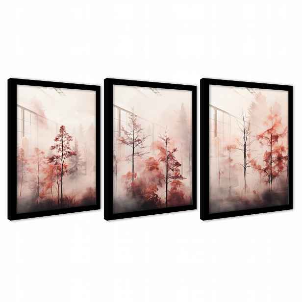 Obrazy Na Zeď V Černém Rámu Plakáty Triptych Les V Mlze Stromy 43x99