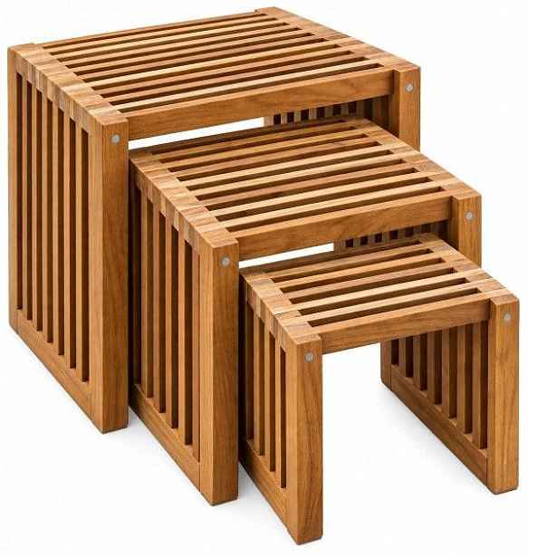 Sada 3 odkládacích stolků z ošetřeného teakového dřeva
